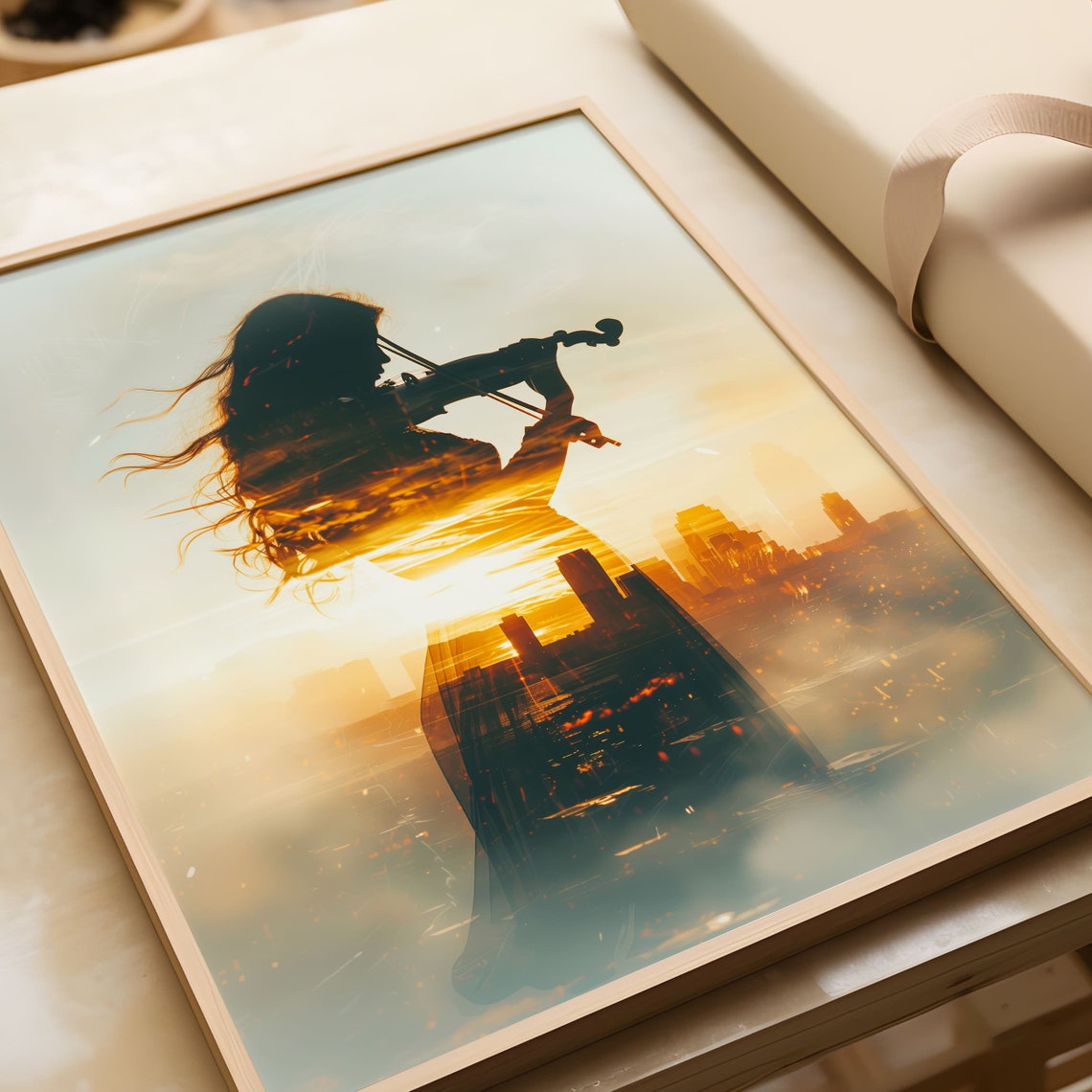 Violinist Silhouette Sunset Cityscape Double Exposure Art Poster - Image 4