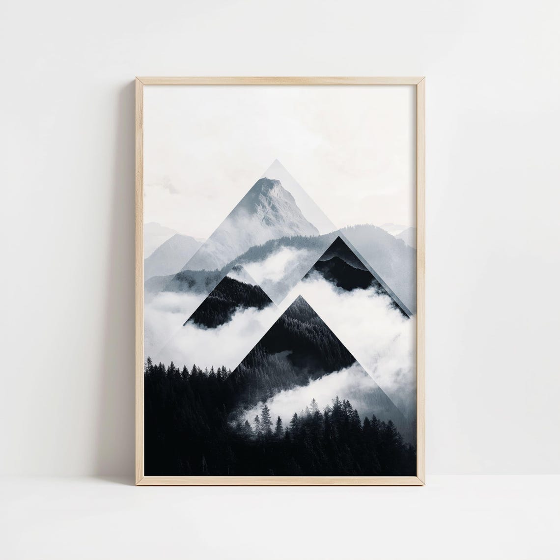 Geometric Triangle Black and White Foggy Mountain Landscape Poster - Image 8