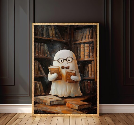 Library Ghost Art Print Cute Bookish Halloween Decor Spooky Ghost Reading Wall Art Cozy Print