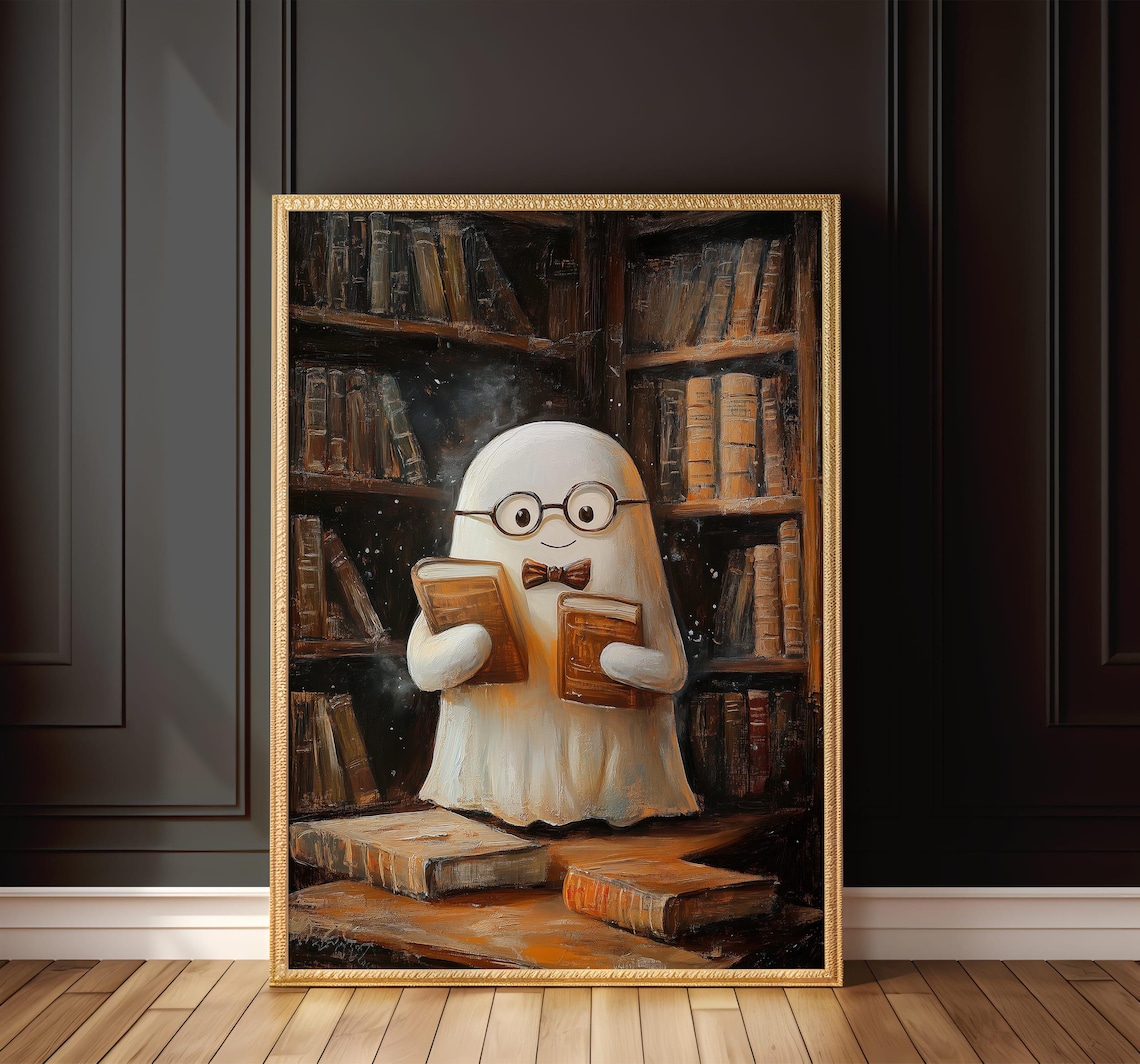 Cute Ghost Librarian Wearing Glasses and Bow Tie Halloween Art Poster