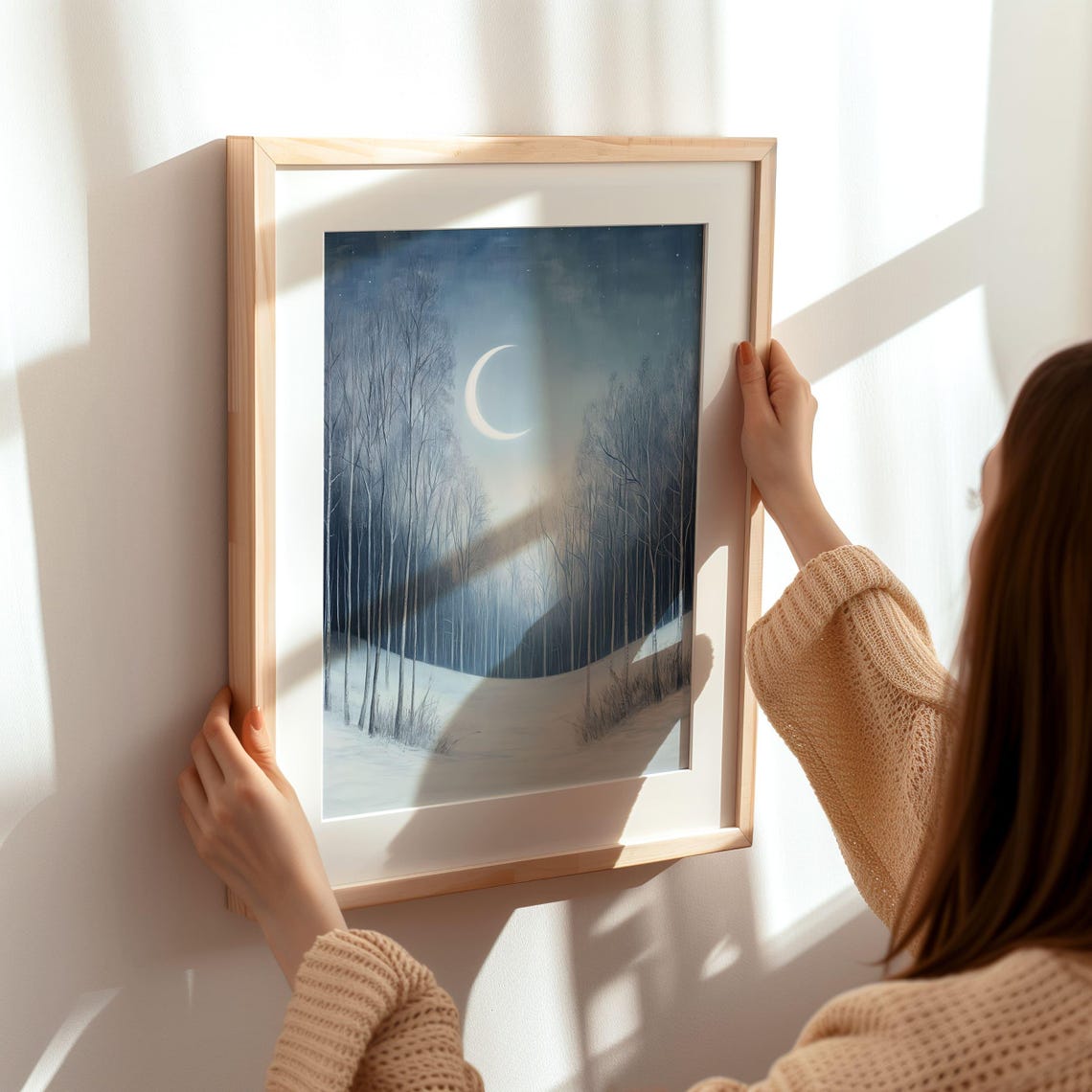 Glowing Crescent Moon Over a Snowy Winter Birch Forest Poster - Image 7