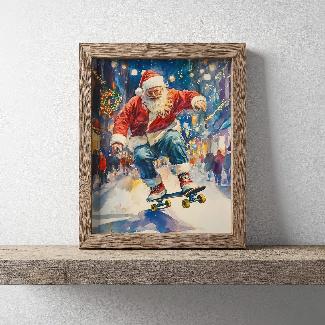 Santa Claus Skateboarding Through Snowy City Street Night Poster - Image 3