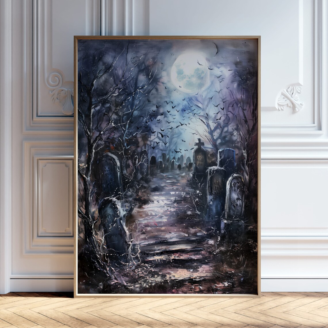 Haunted Cemetery Full Moon Bats Spooky Night Painting Art Poster