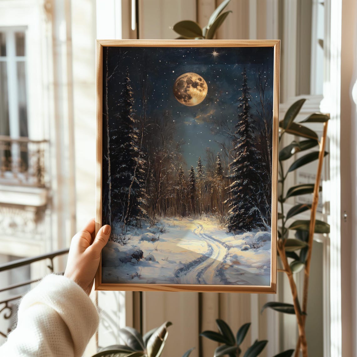 Full Moon Over Snowy Forest Path Winter Night Landscape Poster - Image 6