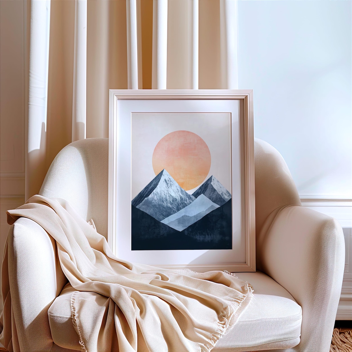 Minimalist Snowy Blue Mountain Peaks With Big Peach Sun Poster - Image 2