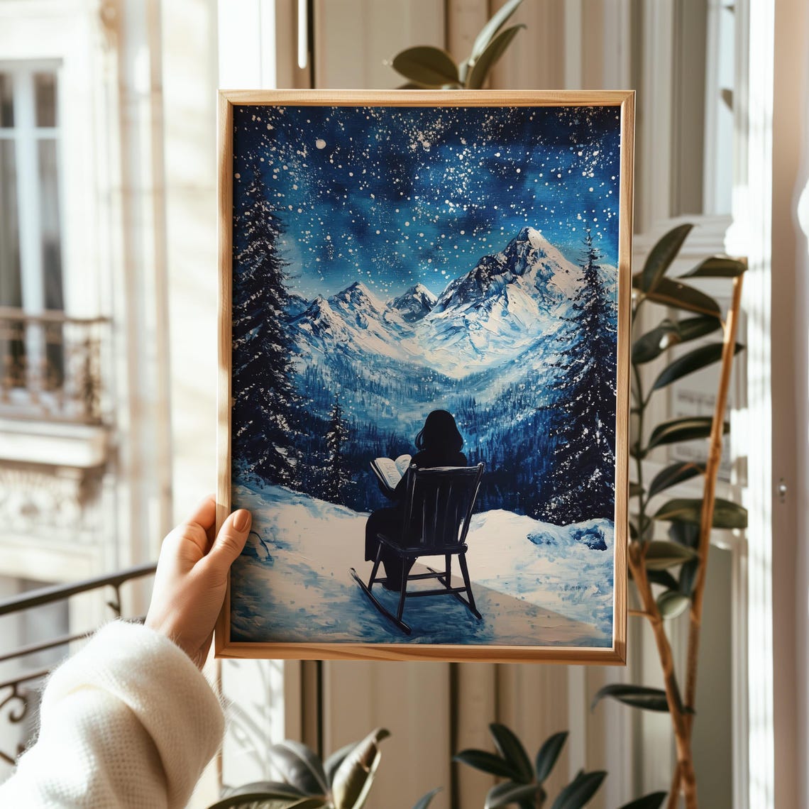 Reader in Rocking Chair Under Starry Night Snowy Mountain View Poster - Image 2