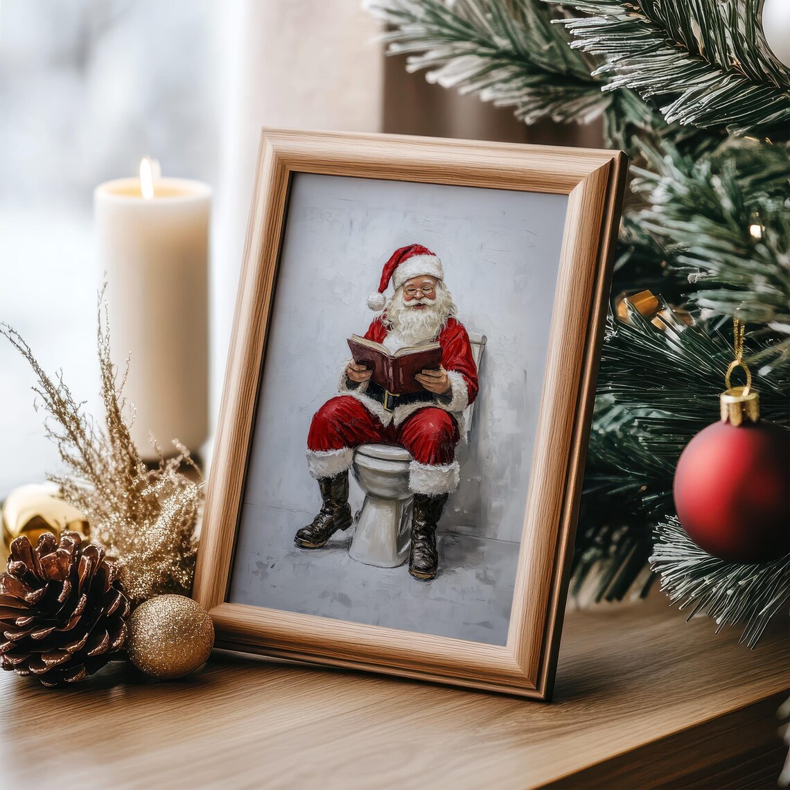 Funny Santa Bathroom Art, Humorous Christmas Print - Image 3
