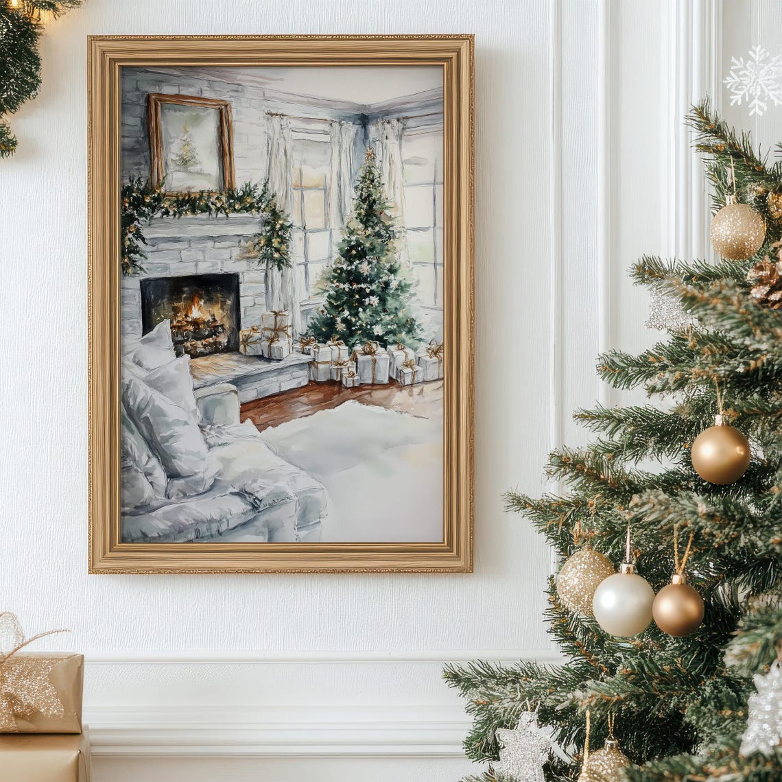 Cozy Christmas Living Room Watercolor Fireplace Scene Poster - Image 7