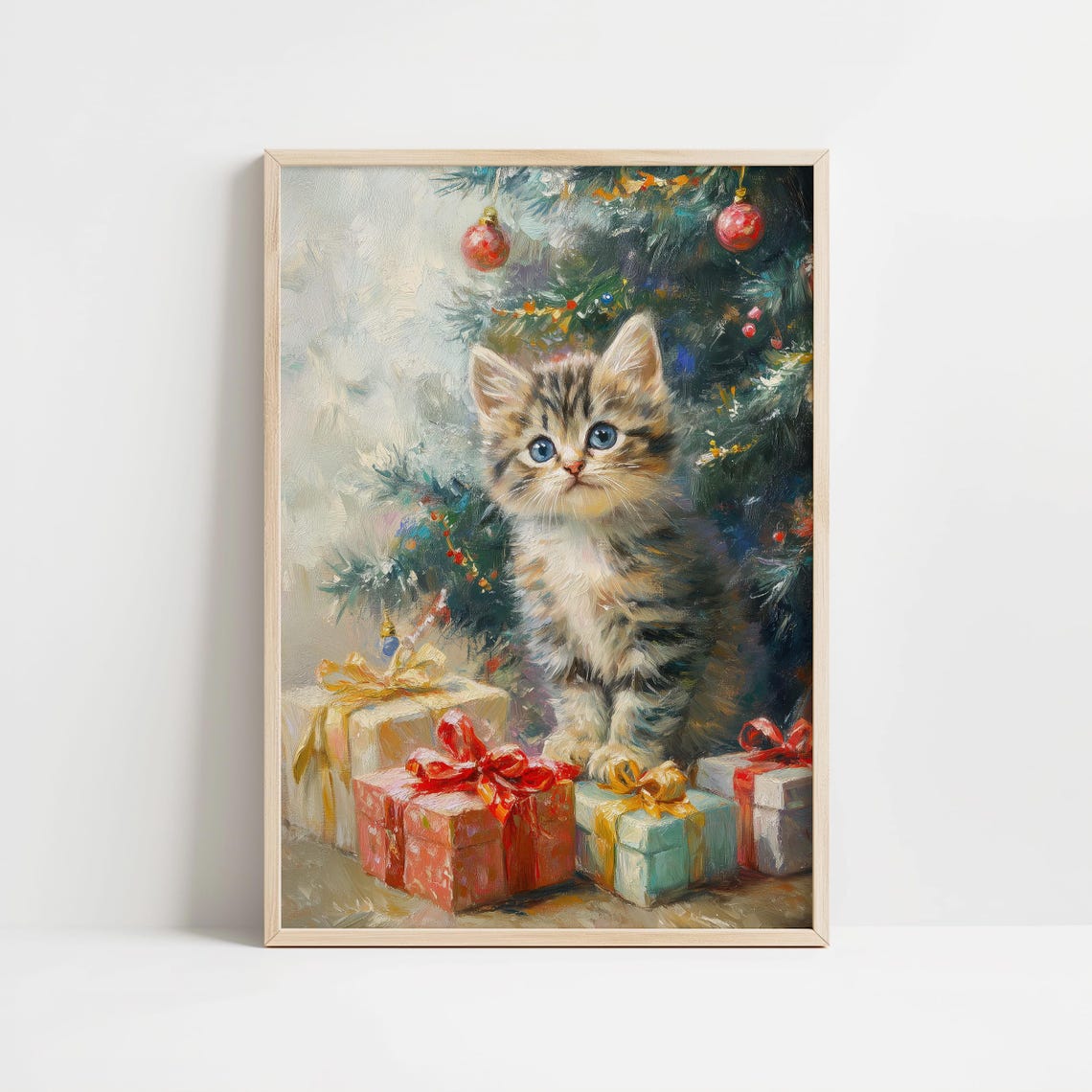 Cute Blue-Eyed Tabby Kitten by a Christmas Tree With Presents Poster - Image 8