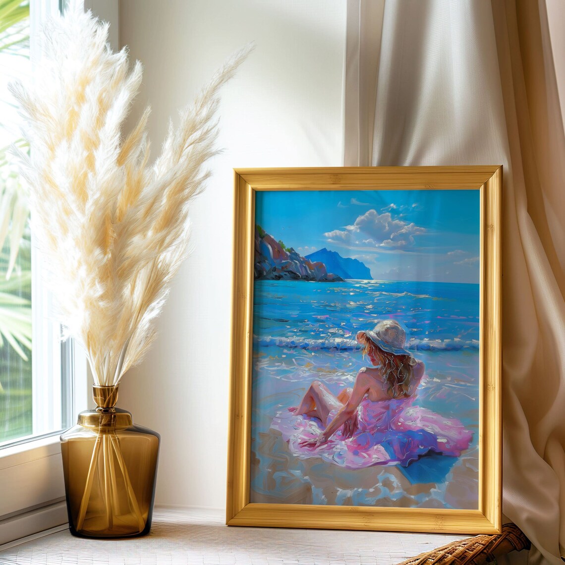 Woman In Pink Dress And Sun Hat At The Beach Coastal Art Poster - Image 5