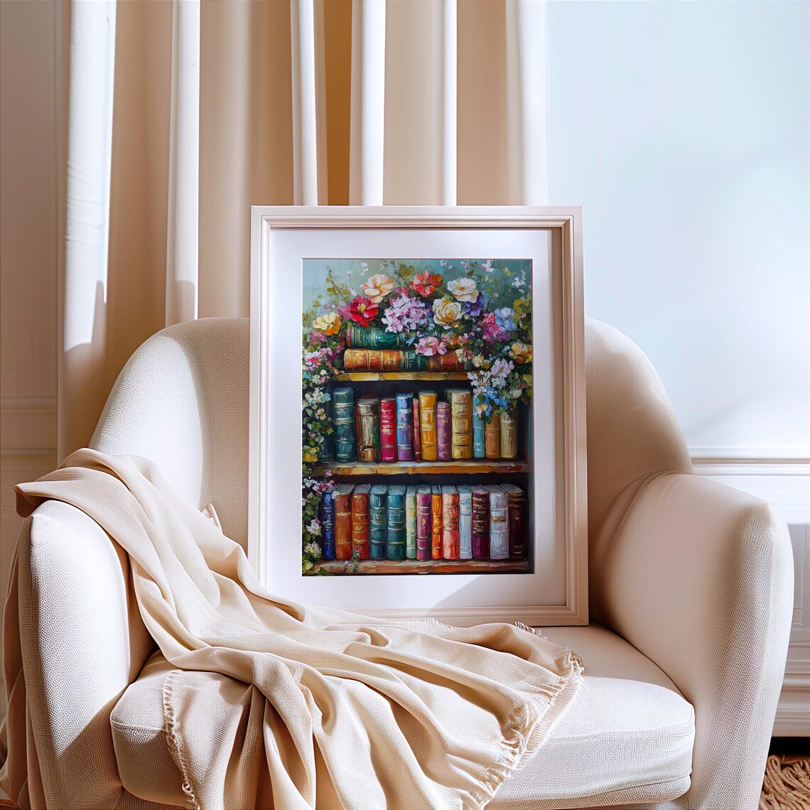 Vintage Bookshelf With Antique Books And Fresh Flowers Poster - Image 5