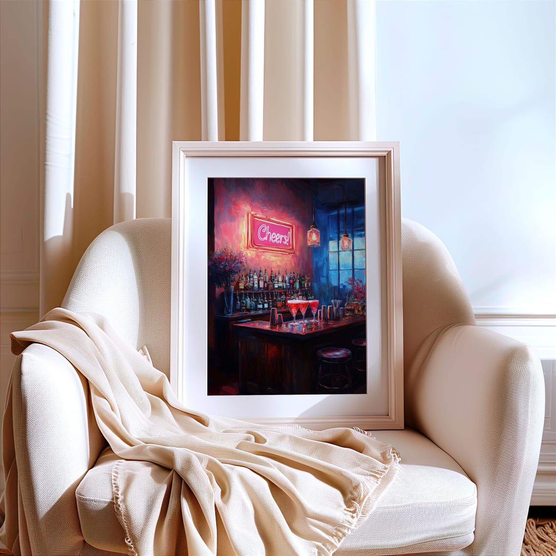 Cheers Neon Sign Over a Retro Cocktail Bar Night Scene Poster - Image 7
