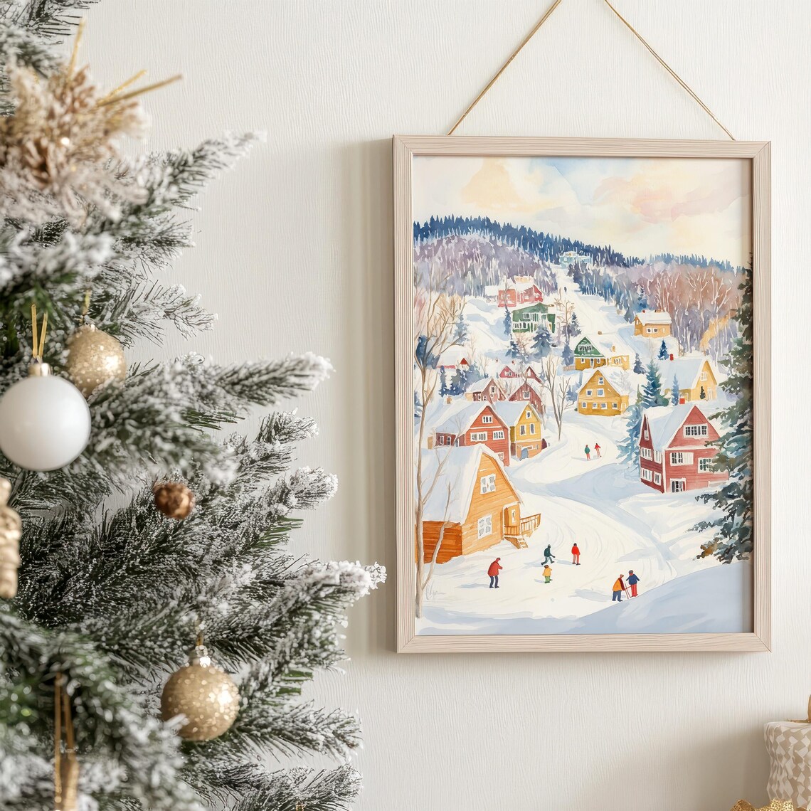 Snowy Winter Village Watercolor Ski Town Scene Holiday Art Poster - Image 7