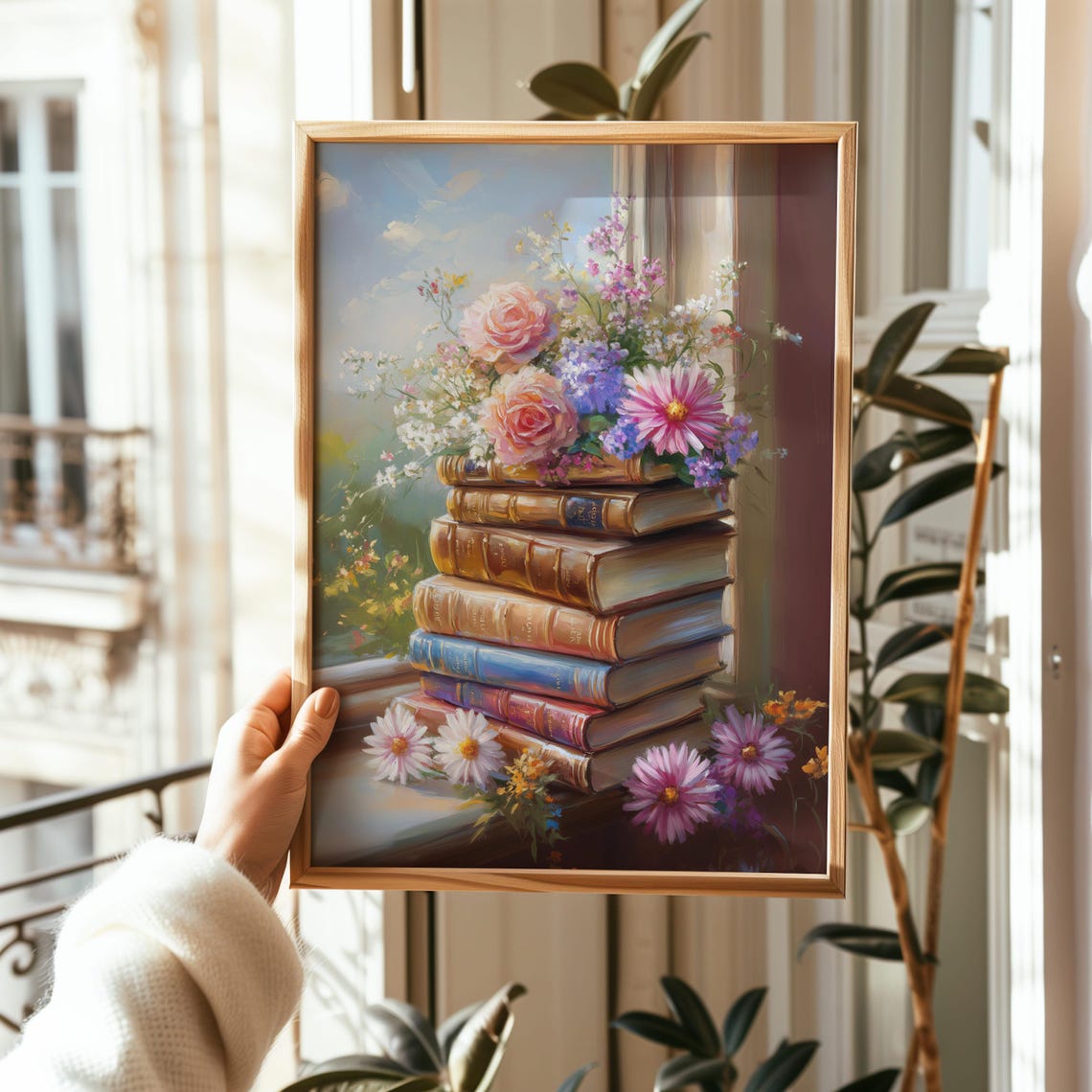 Vintage Floral Book Stack by Sunny Window Still Life Art Poster - Image 2