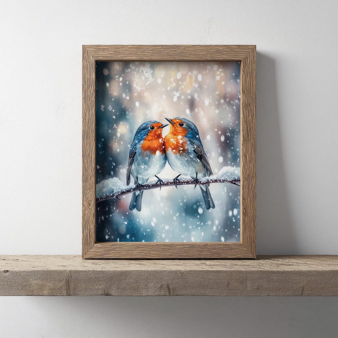 Two Romantic Robins Face To Face In Falling Winter Snow Poster - Image 2