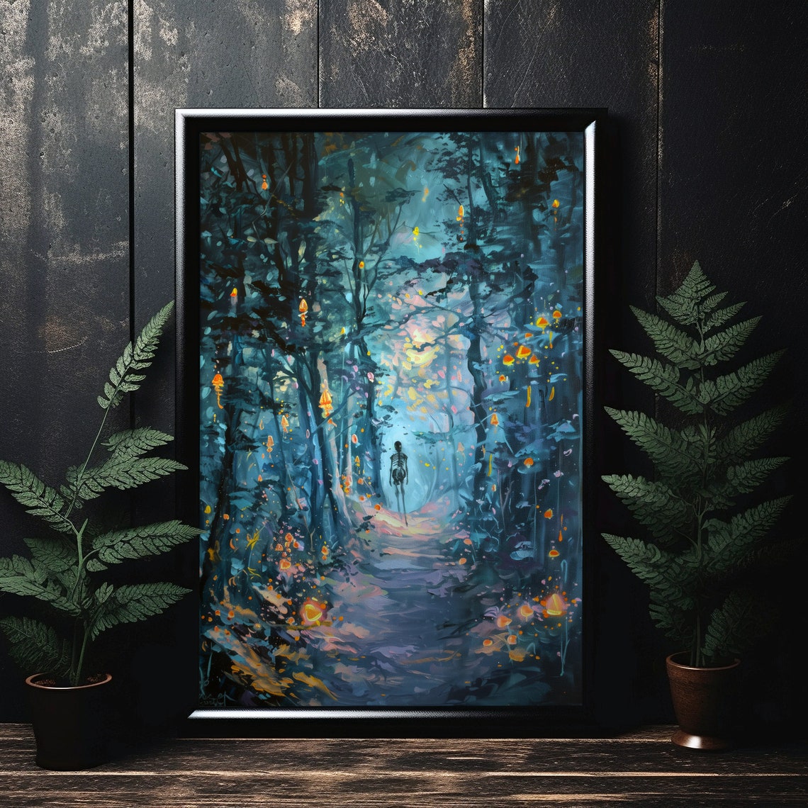 Skeleton in Glowing Blue Forest Night Halloween Painting Poster - Image 3