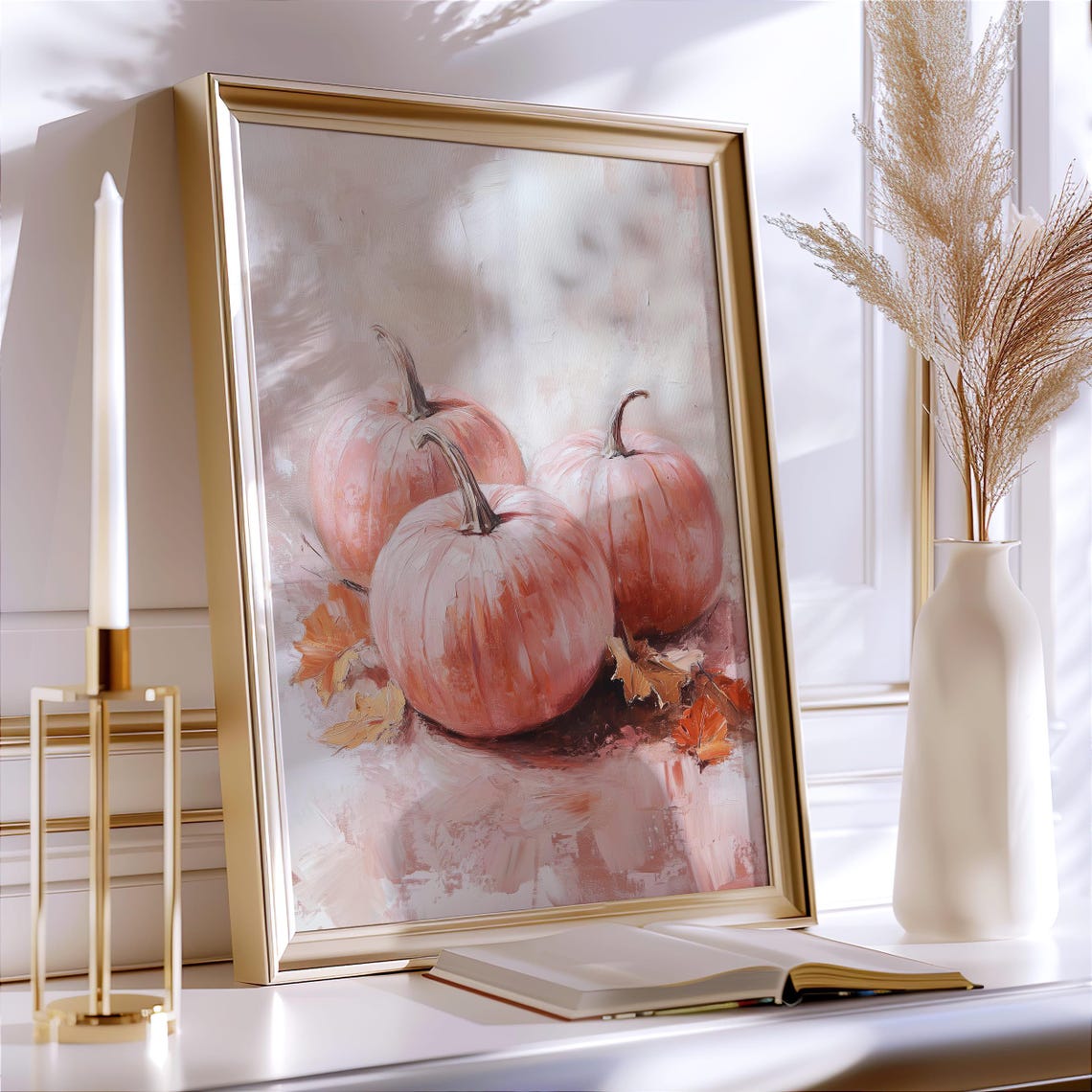 Pink Pumpkins Autumn Leaves Soft Fall Still Life Painting Wall Art - Image 2