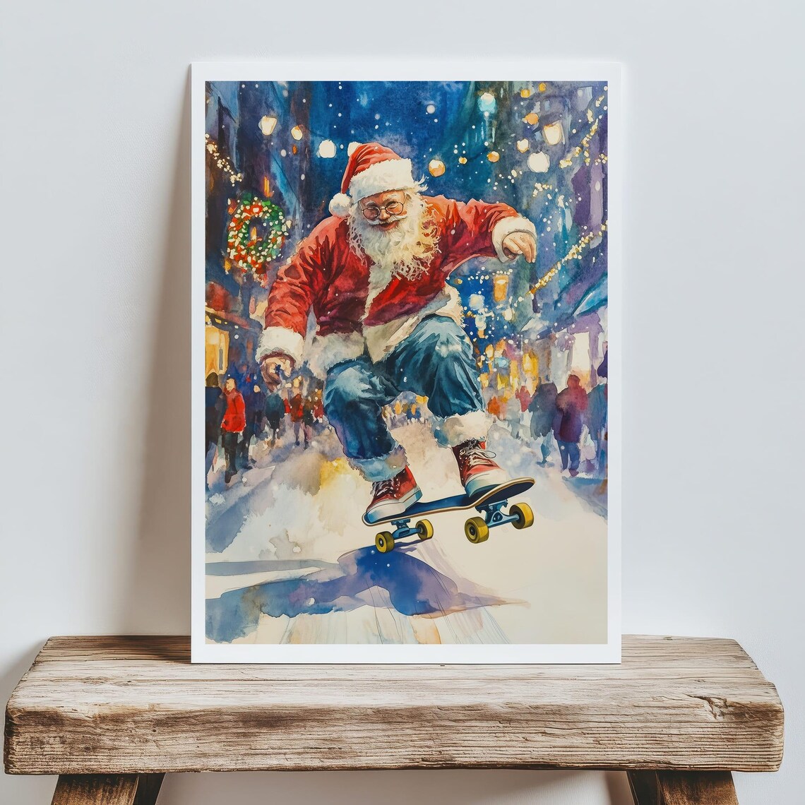 Santa Claus Skateboarding Through Snowy City Street Night Poster - Image 6