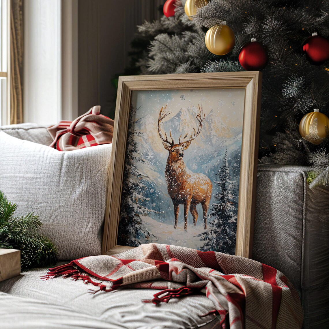 Majestic Stag in Snowy Mountain Landscape with Falling Snowflakes Poster - Image 3