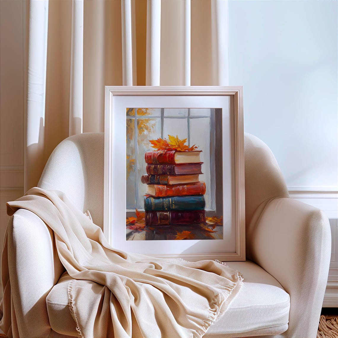 Vintage Book Stack By Window Autumn Maple Leaves Decor Art Poster - Image 2