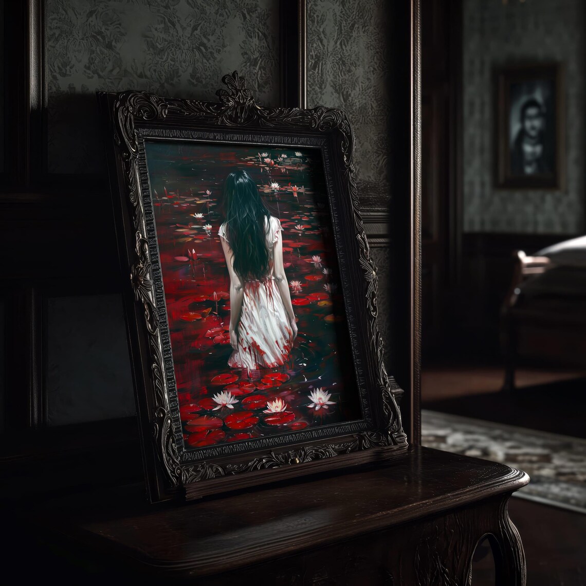 Haunting Woman in White Dress in Dark Red Water Lily Pond Gothic Poster - Image 8