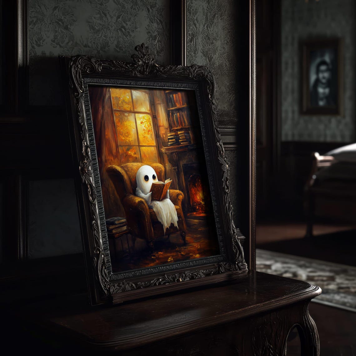 Cozy Ghost Reading by Fireplace in Dark Academia Library Poster - Image 4