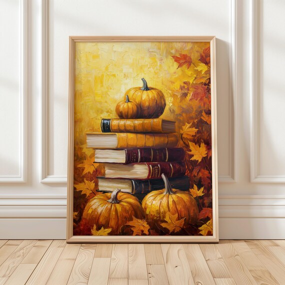 Pumpkin and Book Stack Golden Autumn Leaves Still Life Fall Art Poster