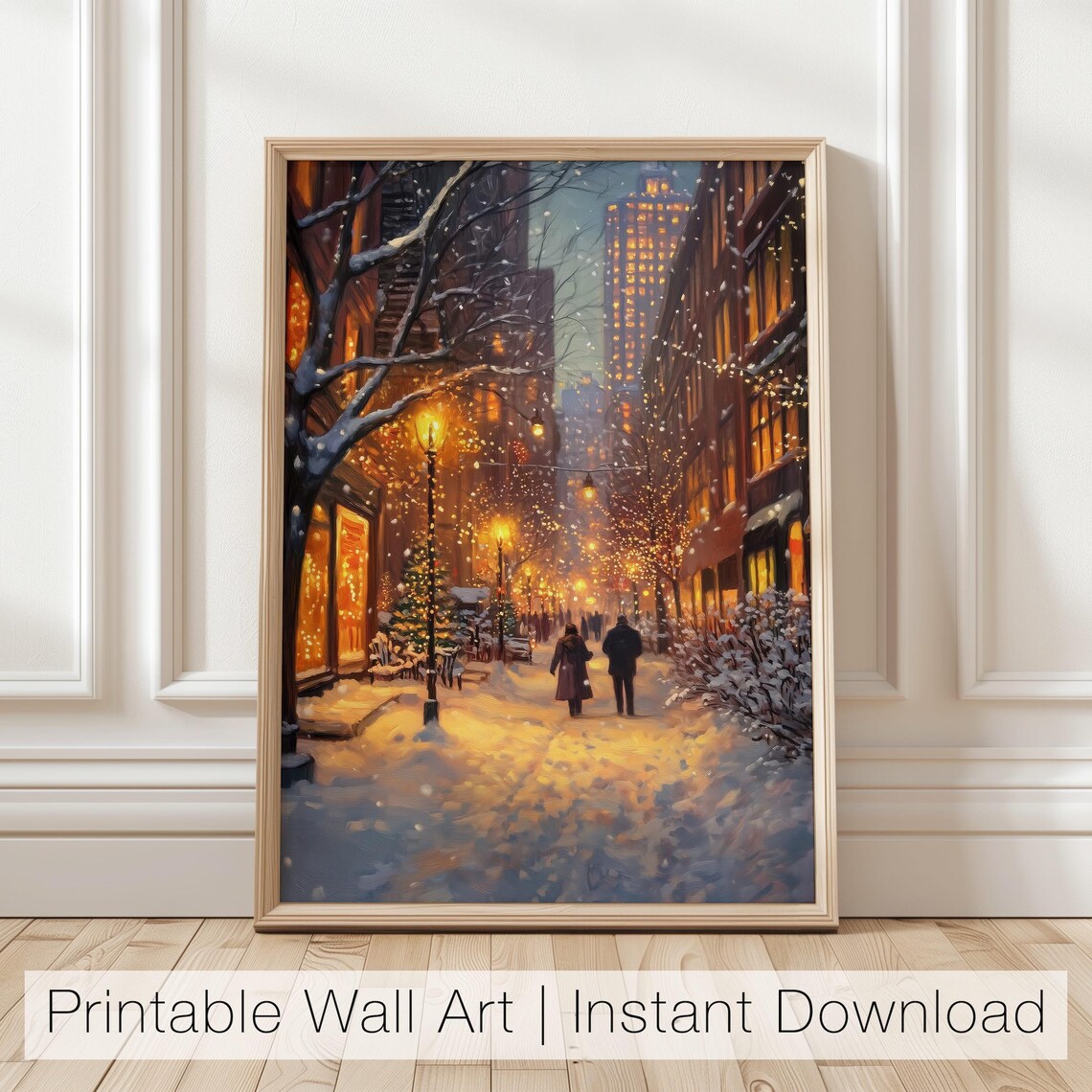 Winter City Street Christmas Art Print, Holiday Cityscape