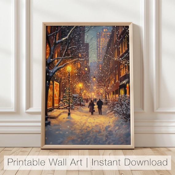 Winter City Street Christmas Art Print, Holiday Cityscape