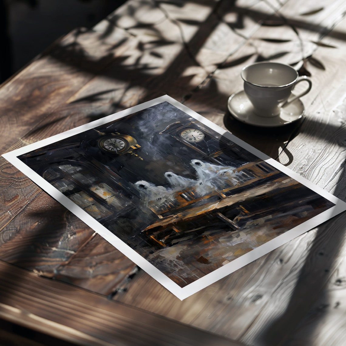 Three Ghosts in Old Waiting Room Clock Dark Gothic Art Poster - Image 2