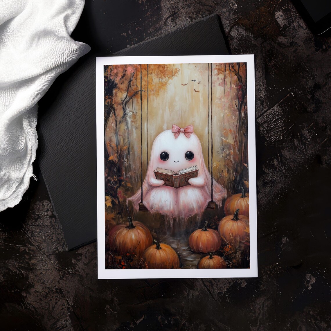 Pink Ghost Reading Art Print Cute Halloween Wall Decor Cozy Fall Book Lover Print Autumn Ghostly Art - Image 5