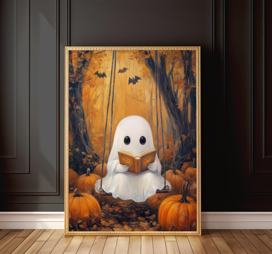 Cute Ghost Reading Art Print Halloween Book Lover Decor Spooky Autumn Wall Art Cozy Fall Art