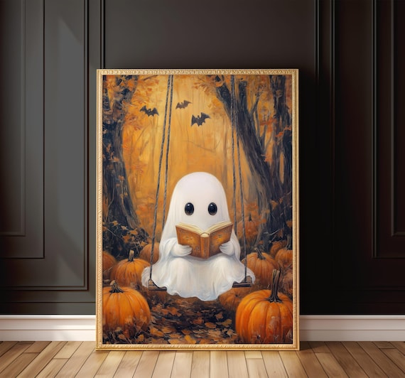 Cute Ghost Reading on Swing Autumn Forest Pumpkin Patch Poster