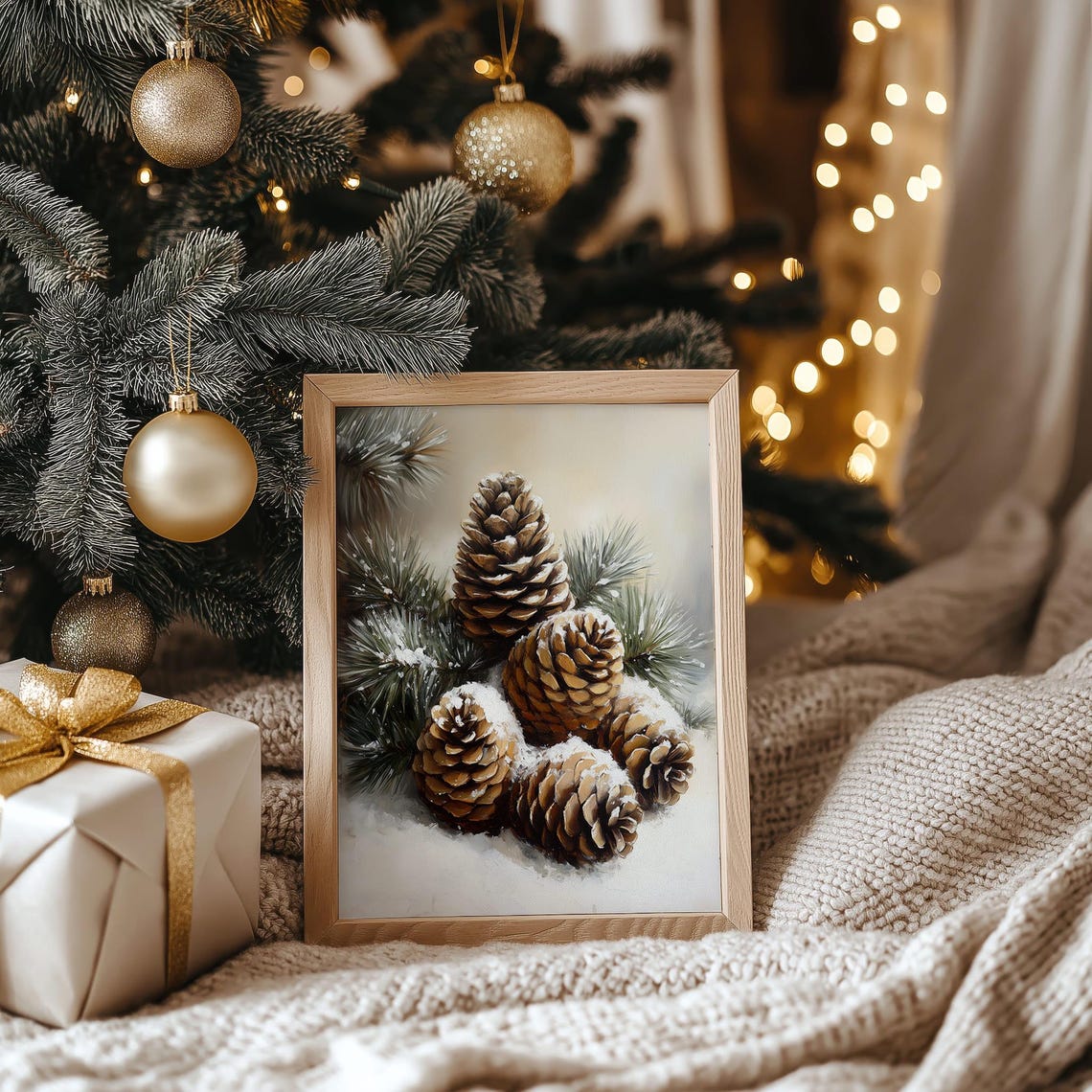 Snow Covered Pine Cones Winter Botanical Painting Gift Poster - Image 4