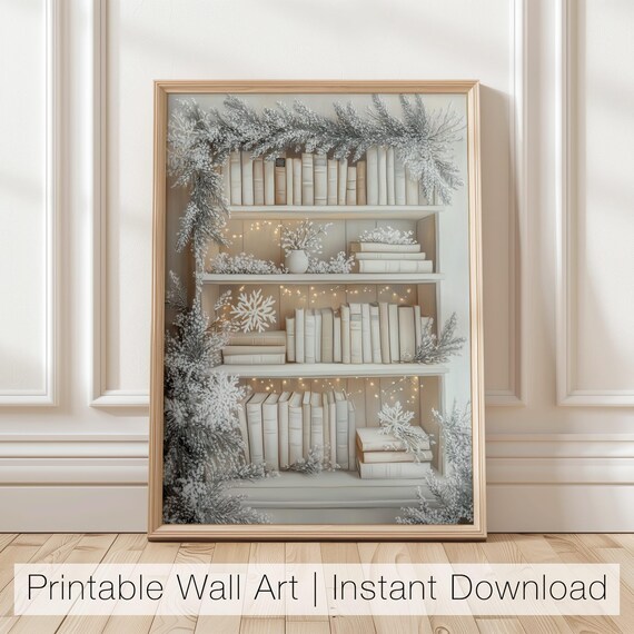 White Winter Bookshelf With Frosty Decor and Fairy Lights Poster