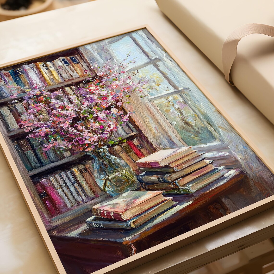Vintage Bookshelf With Pink Blossoms By Sunlit Window Poster - Image 7