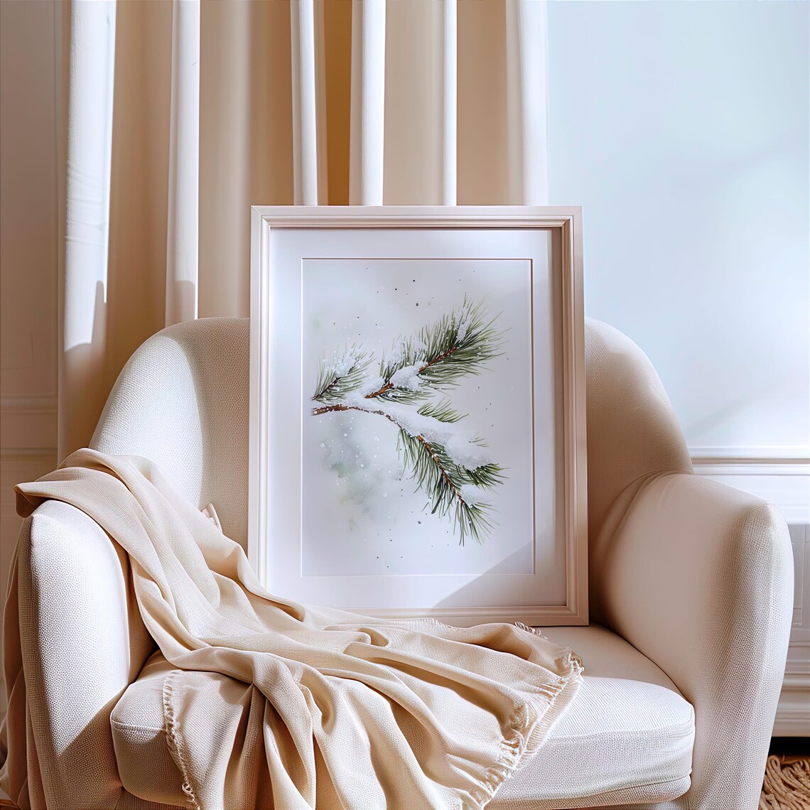Snowy Pine Branch Minimalist Christmas Art Print - Image 2