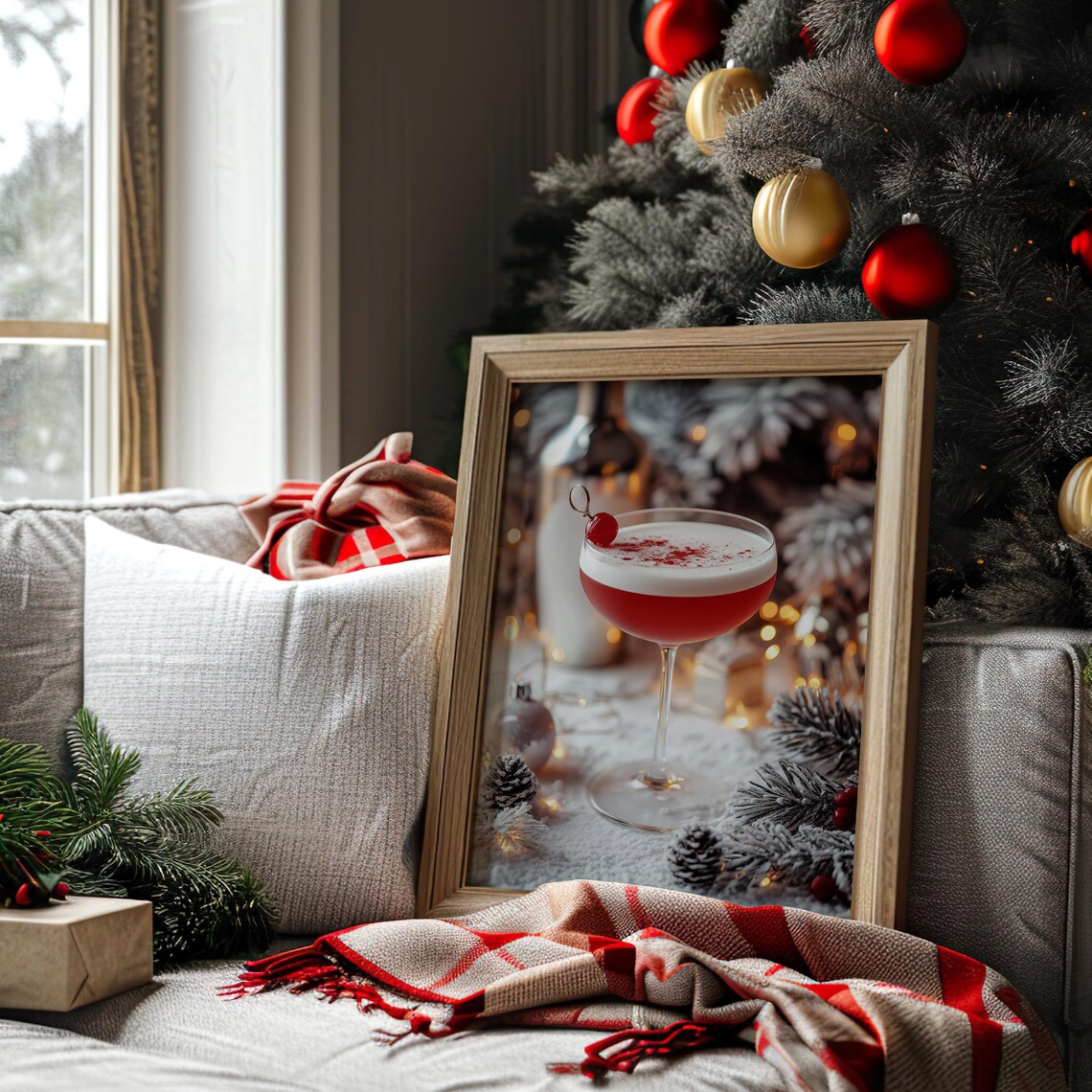 Red Holiday Cocktail in Coupe Glass with Snowy Pine Winter Bar Poster - Image 2
