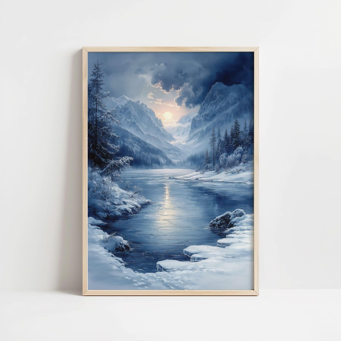 Winter Mountain Valley with Frozen Lake at Sunset in Blue Tones Poster - Image 8