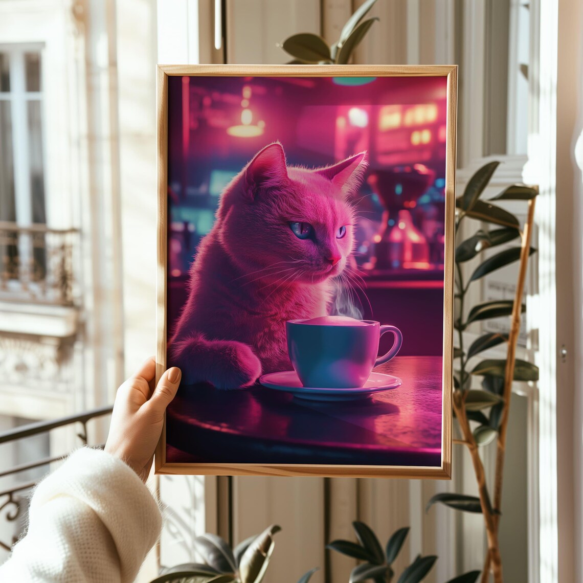 Neon Pink Cat With Coffee Cyberpunk Night Cafe Animal Wall Poster - Image 3