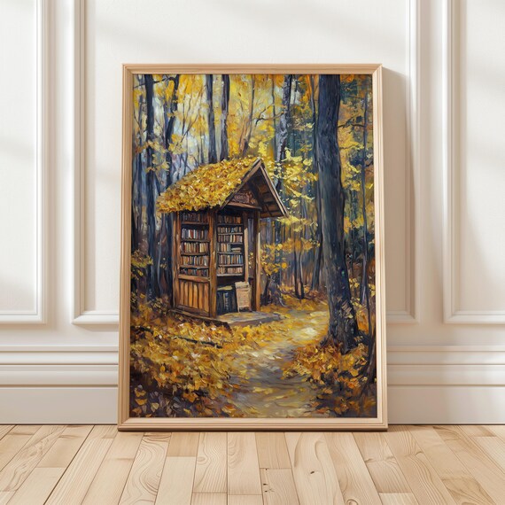 Autumn Forest Book Nook Little Library Fall Reading Art Poster