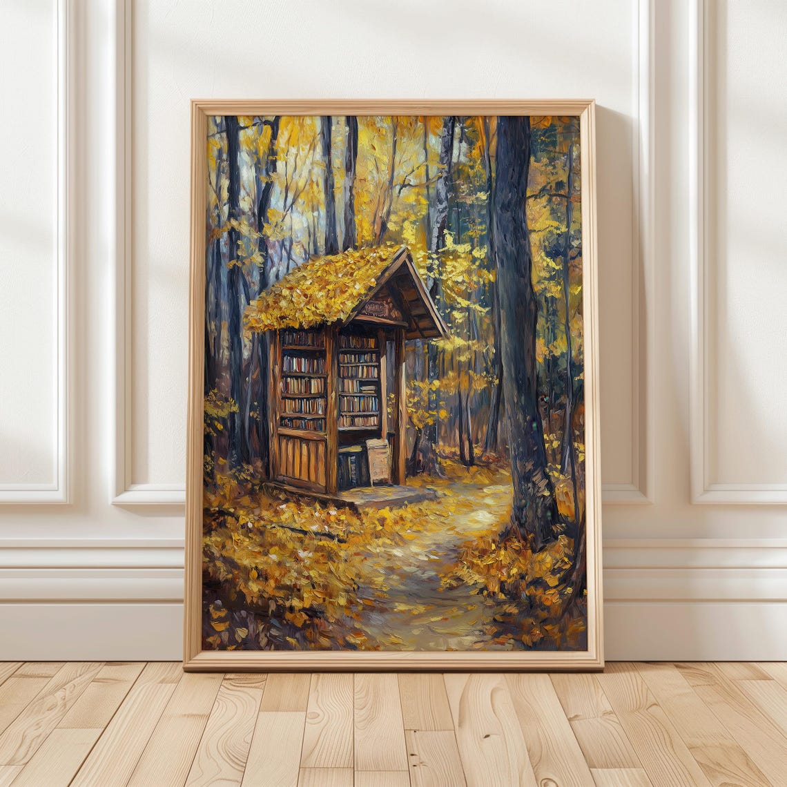 Autumn Forest Book Nook Little Library Fall Reading Art Poster