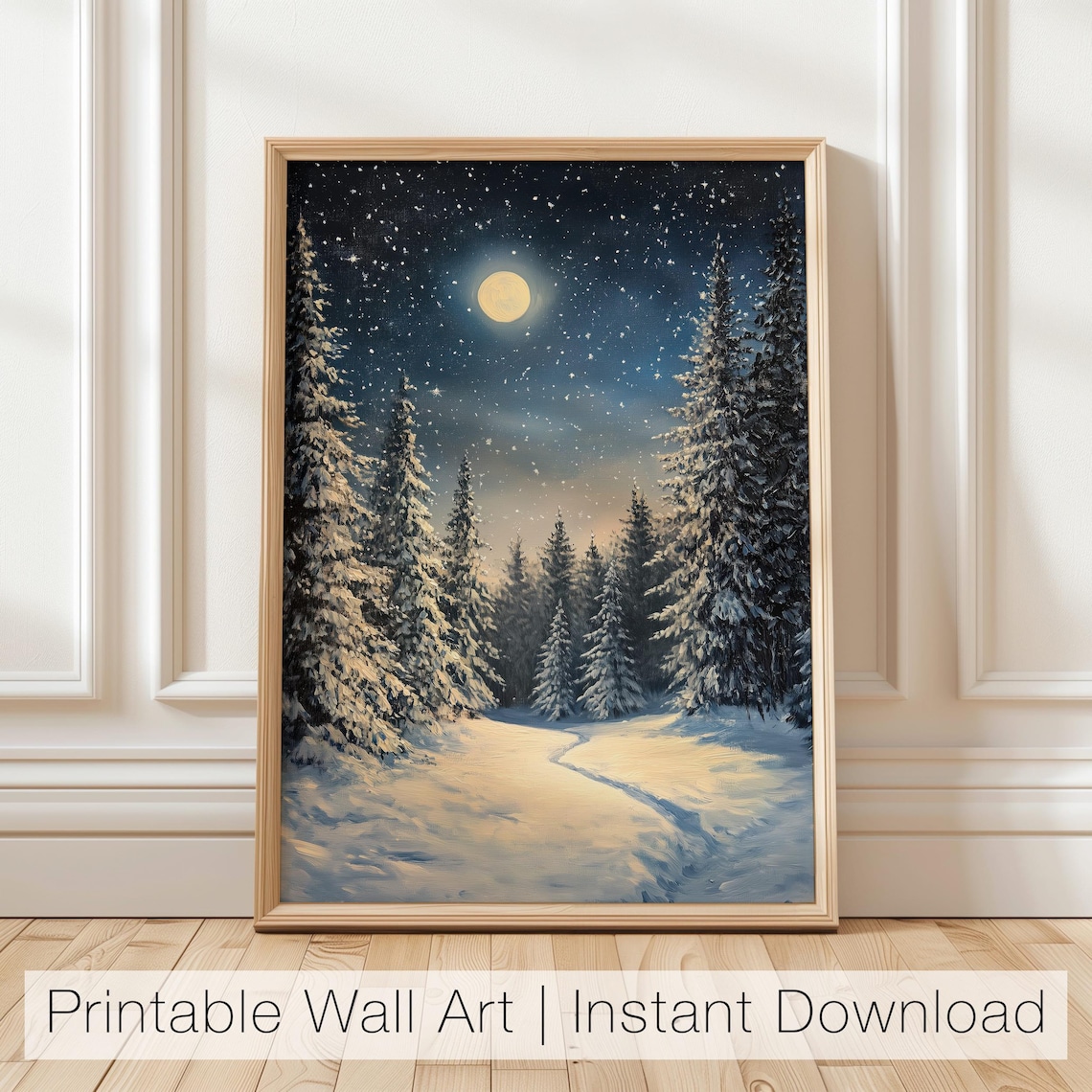 Winter Moon Forest Art Print, Snowy Night Scene