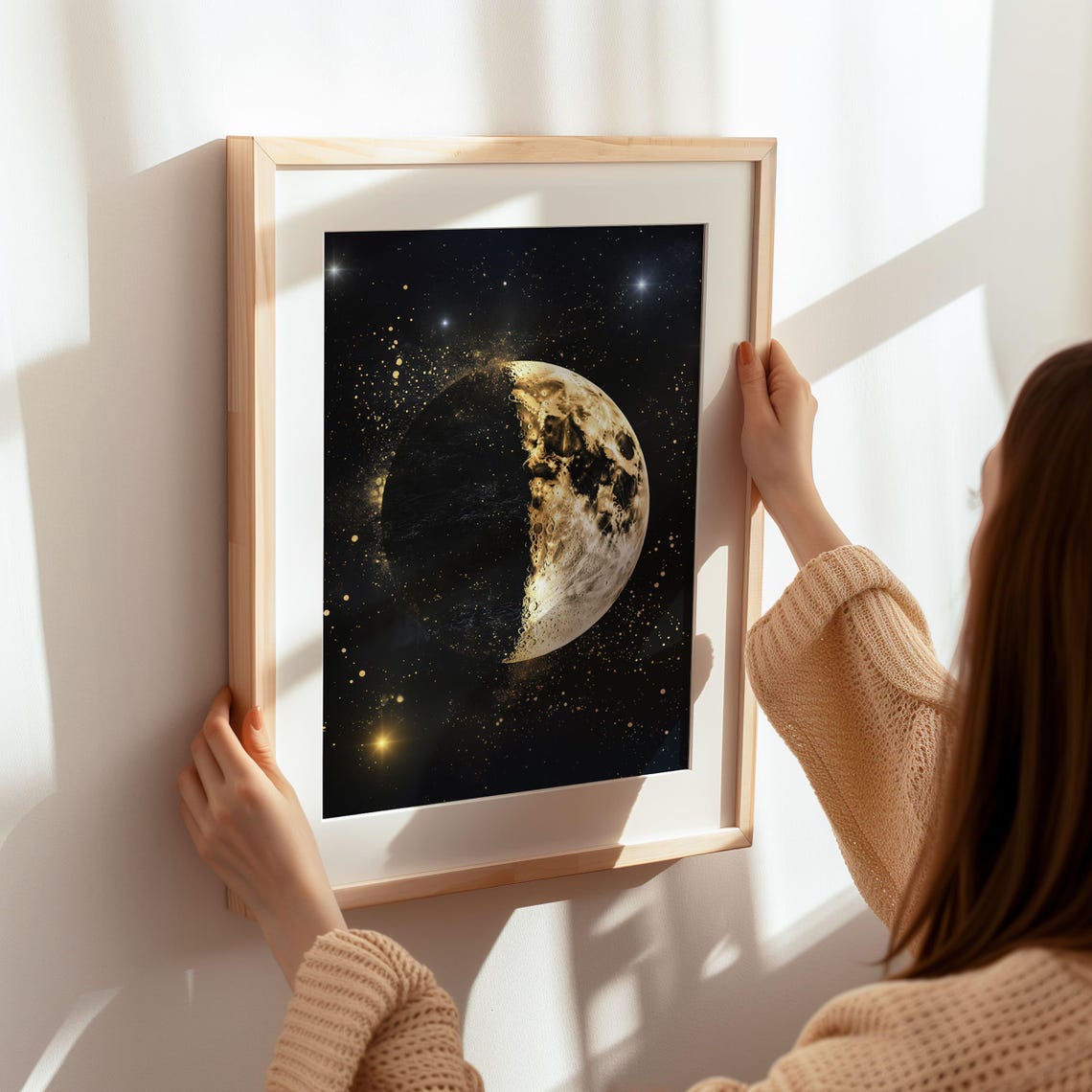 Golden Half Moon in Black Starry Sky with Celestial Gold Dust Poster - Image 7
