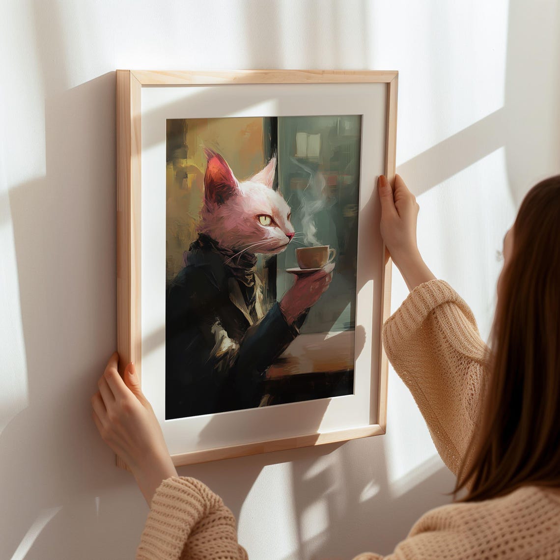 Pink Cat in Suit Drinking Coffee Funny Cafe Animal Wall Poster - Image 5