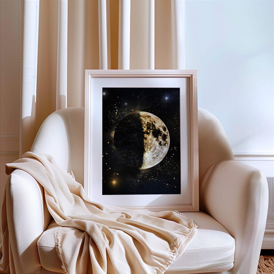 Golden Half Moon in Black Starry Sky with Celestial Gold Dust Poster - Image 3