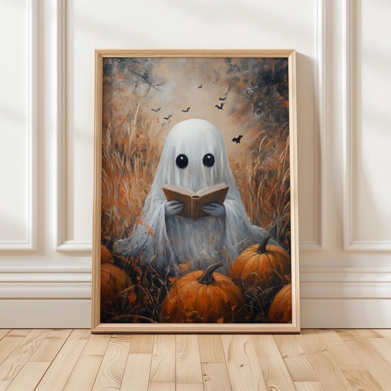 Cute Ghost Reading Book in Pumpkin Patch Halloween Night Poster