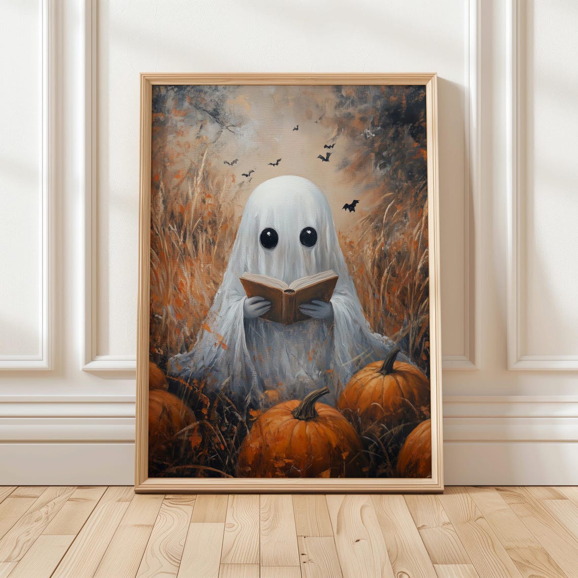 Cute Ghost Reading Book in Pumpkin Patch Halloween Night Poster