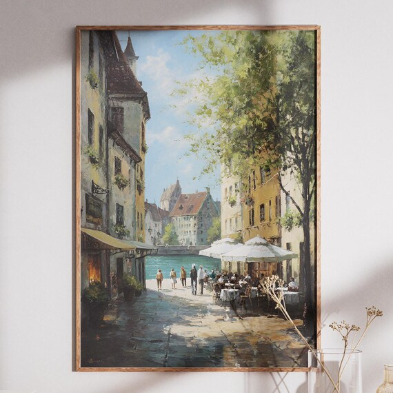 German Old Town Canal Cafes Impressionist Street Painting Art Poster