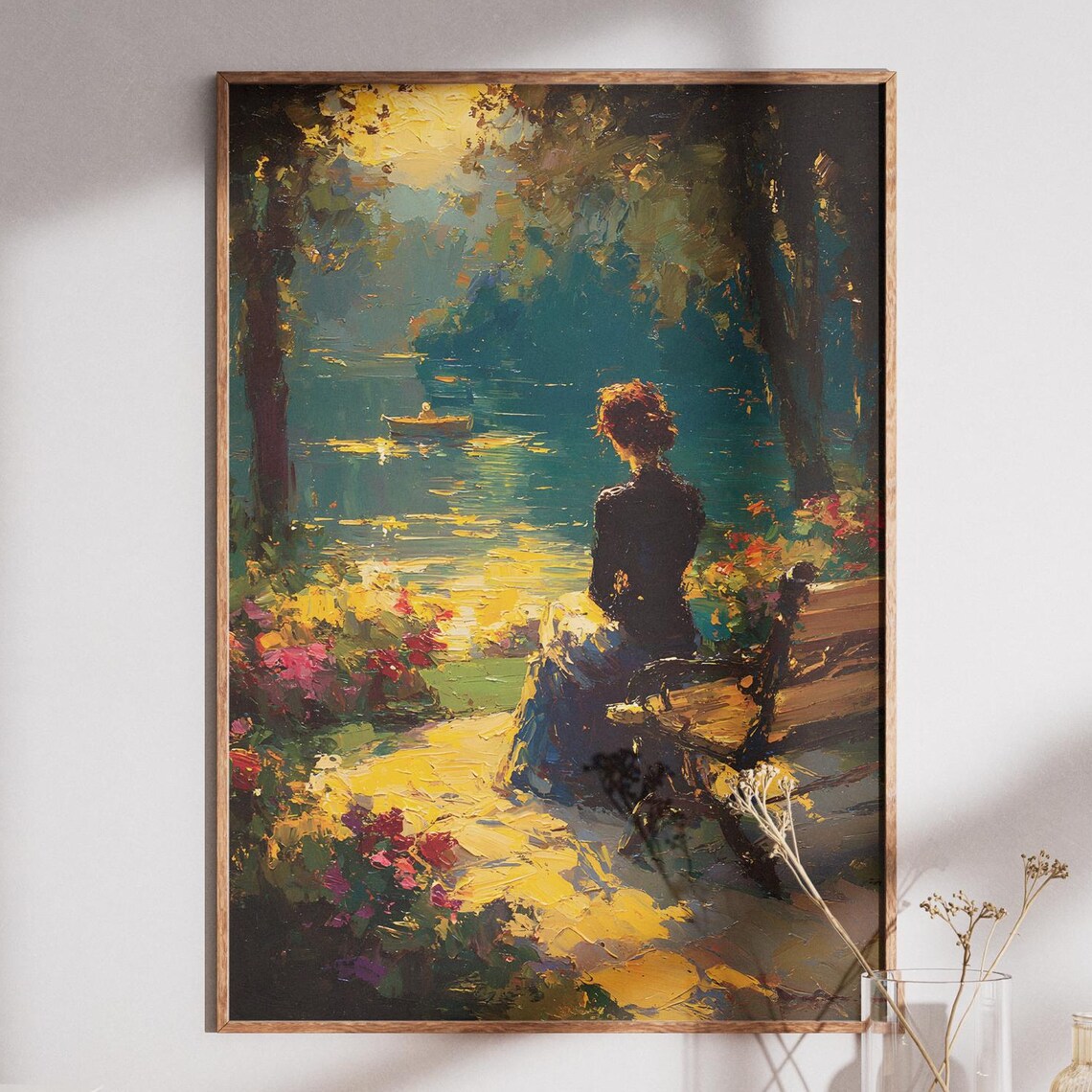 Woman On Bench Lakeside Garden Impressionist Painting Poster